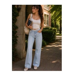 Lace Waist Wide Leg Mid Rise Baggy Jeans Light Wash Juniors Size 12 New NWT